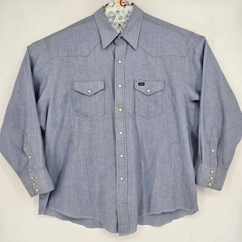 Vintage Wrangler Shirt Mens 19 35 Western Blue XLong Tails Big Man Fit 3X